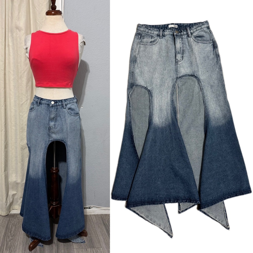 Festival Blue‎ Ombre Denim Maxi Skirt M Cut Out Handkerchief Hem Mermaidcore Y2K